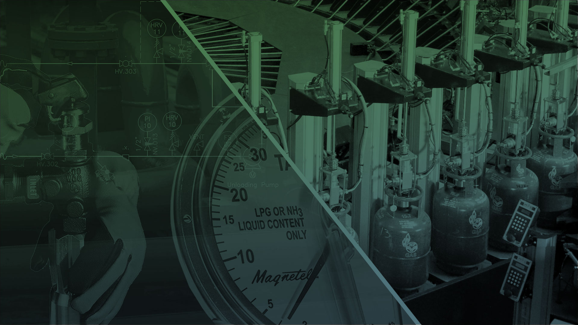 Green-tinted graphic of gas equipment and LPG filling carrousel