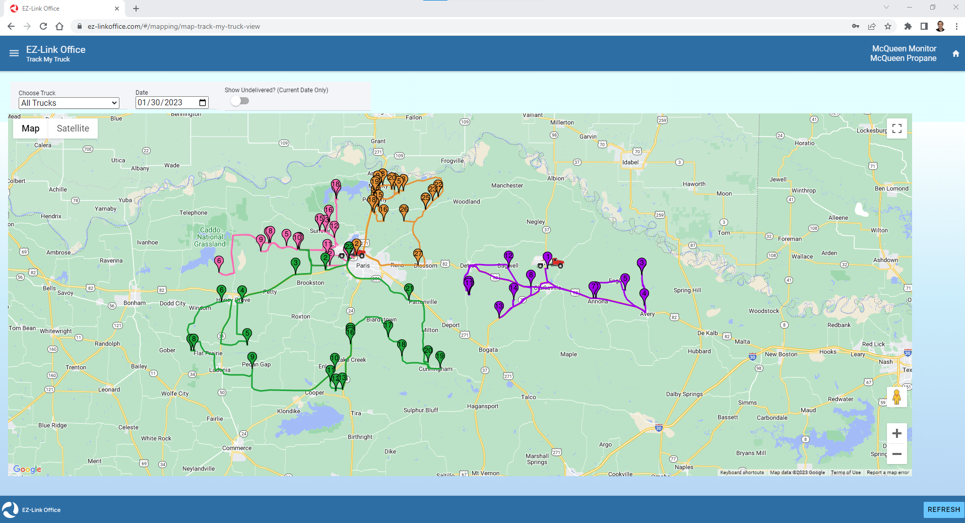 Photo of a map showing EZ Link IT Solution truch tracking locations