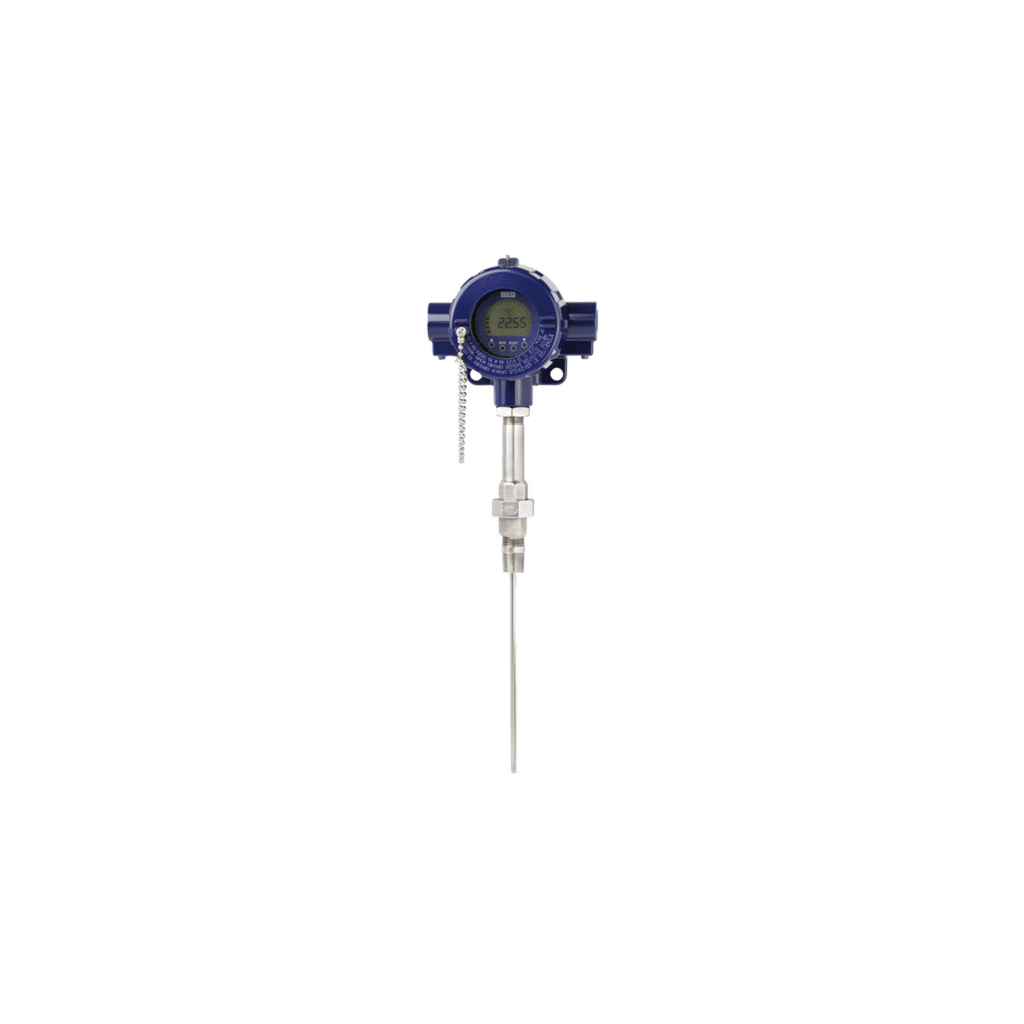 Image of blue temperature transmitter, front view