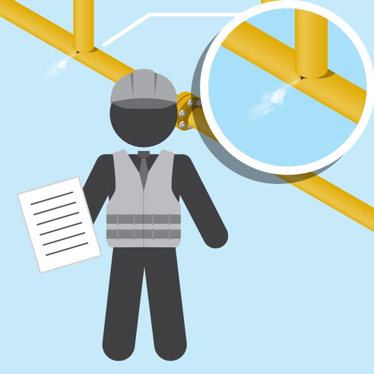 A graphical image of a man with a hardhat and some leaky pipes in the background