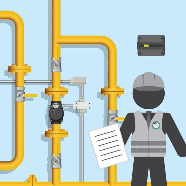 A graphical image of a man with a hardhat and some pipes in the background