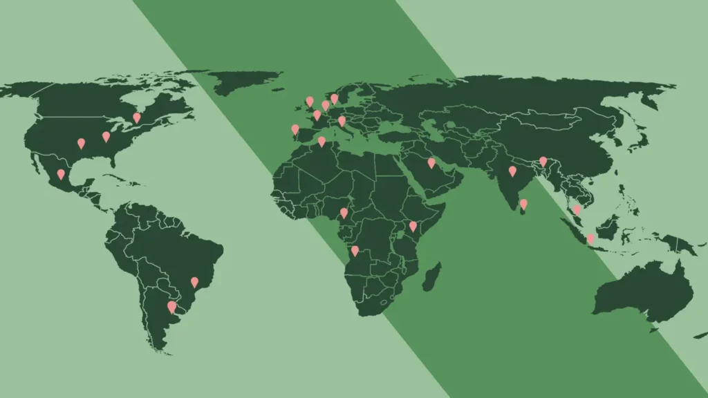 A graphic of a world map showing all of MAKEEN Energy's locations